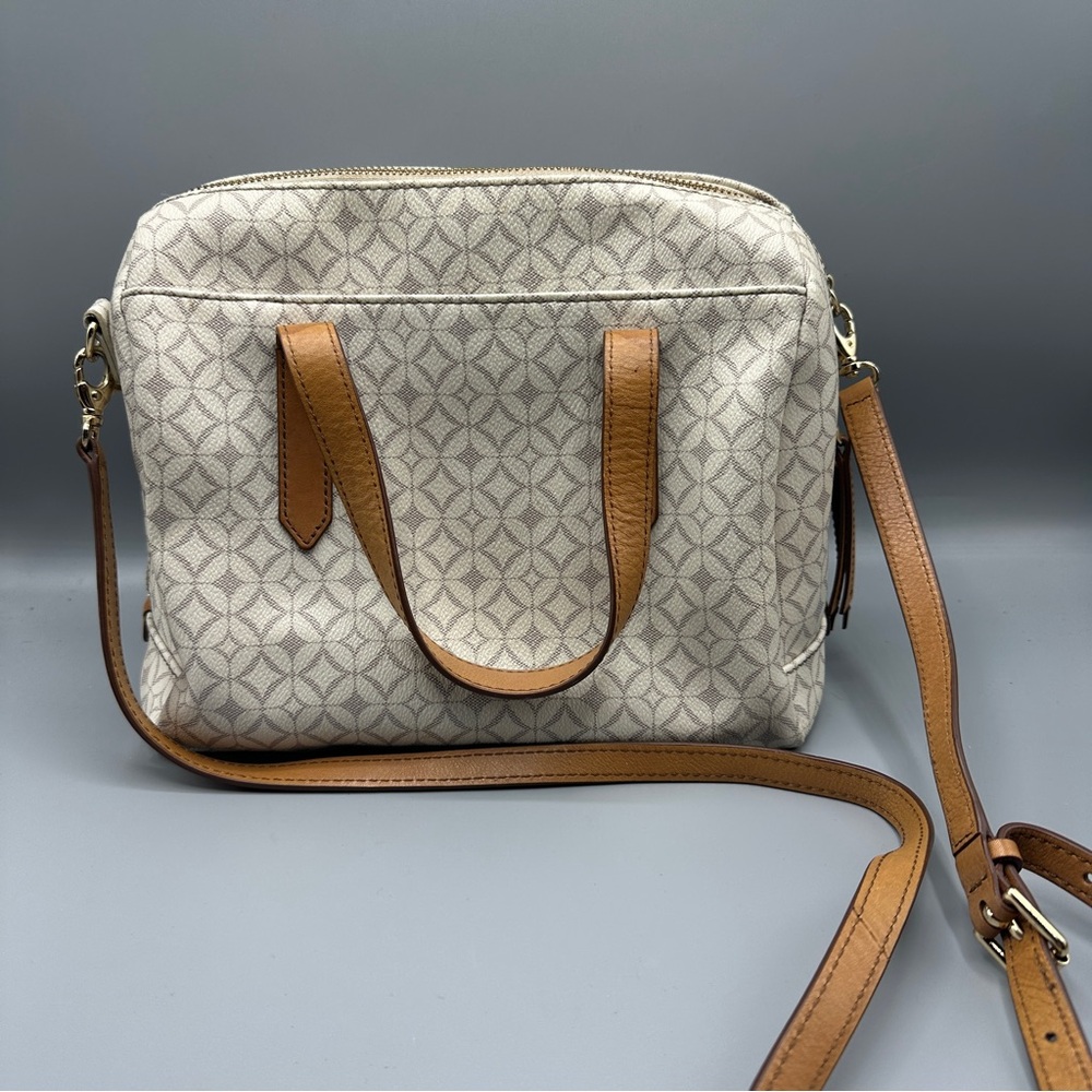 FOSSIL Sydney Satchel Handles Detachable Strap Beige Diamond Pattern